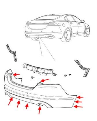 Schema di montaggio del paraurti posteriore Jaguar XF (X250)
