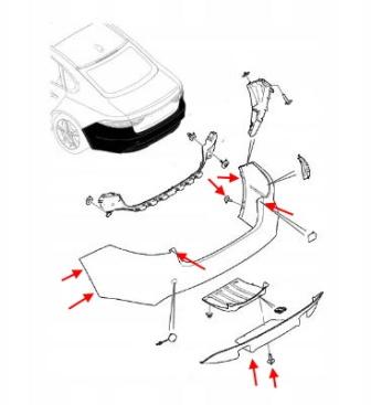 Diagrama de montaje del parachoques trasero del Jaguar XF (X260)