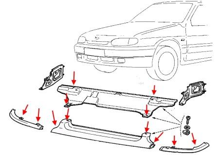 schema di fissaggio del paraurti anteriore Lada (VAZ) 2113, 2114, 2115