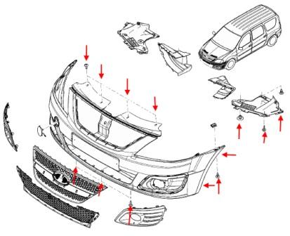 schema di fissaggio del paraurti anteriore Lada (VAZ) Largus