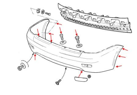 the scheme of fastening the rear bumper of Lada (VAZ) Priora 2170, 2171, 2172