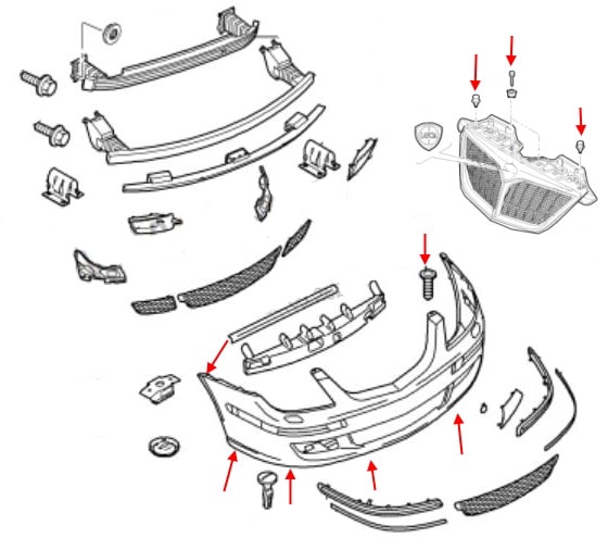 Schéma de montage du pare-chocs avant Lancia Phedra (2002-2010)