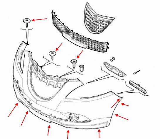 Schéma de montage de pare-chocs avant Lancia (Chrysler) Ypsilon III (846) (2011+)