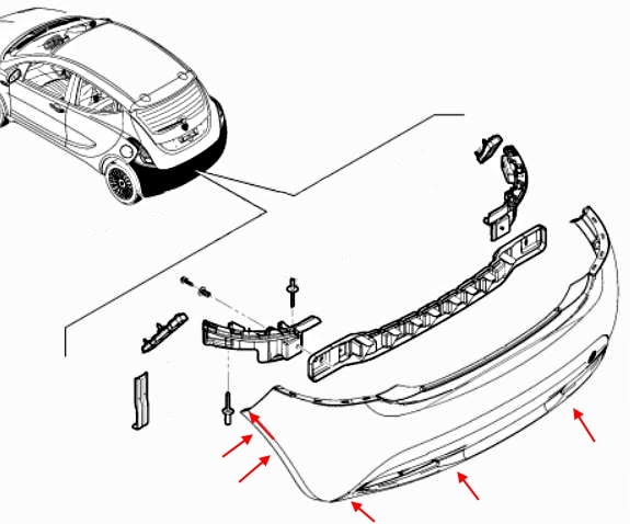 Schéma de montage du pare-chocs arrière Lancia (Chrysler) Ypsilon III (846) (2011+)