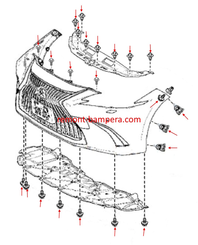 Diagrama de montaje del parachoques delantero Lexus ES VII (2019+)