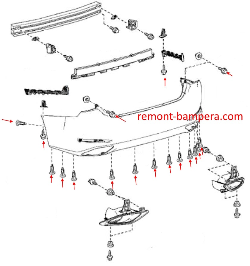 Diagrama de montaje del parachoques trasero del Lexus ES VII (2019+)