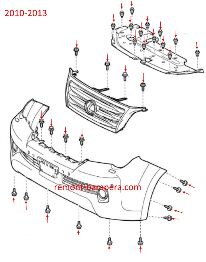 Esquema de montaje del parachoques delantero para Lexus GX 460 (2010-2023)