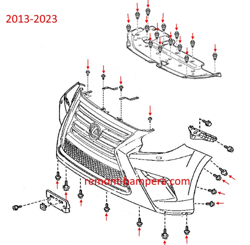 Схема крепления переднего бампера Lexus GX 460 (2010-2023) 