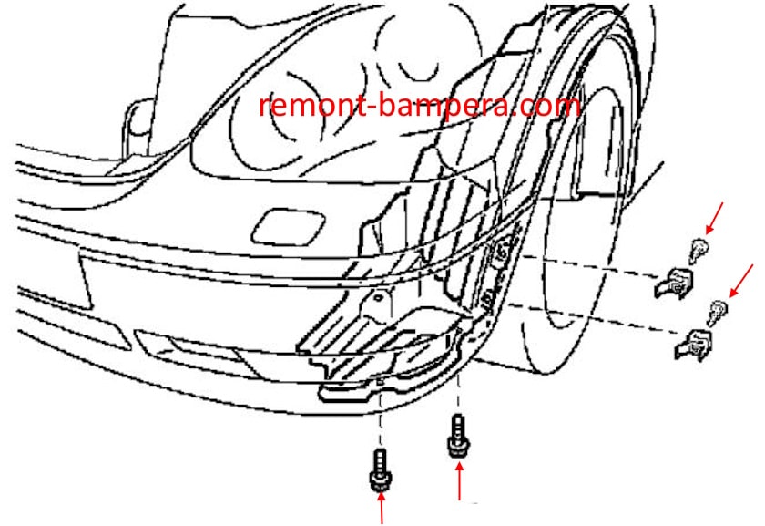 Schema di montaggio del paraurti anteriore Lexus LS 430 (2001-2006).