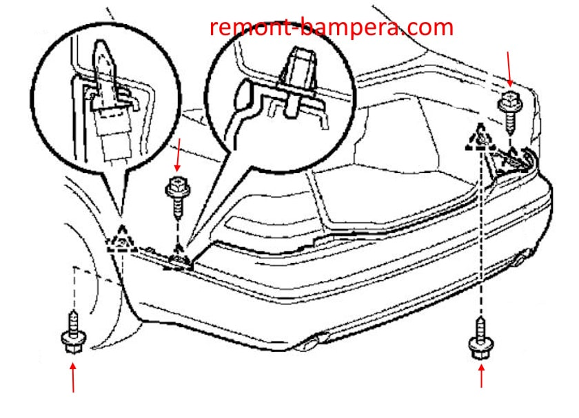 Esquema de montaje del parachoques trasero para Lexus LS 430 (2001-2006)