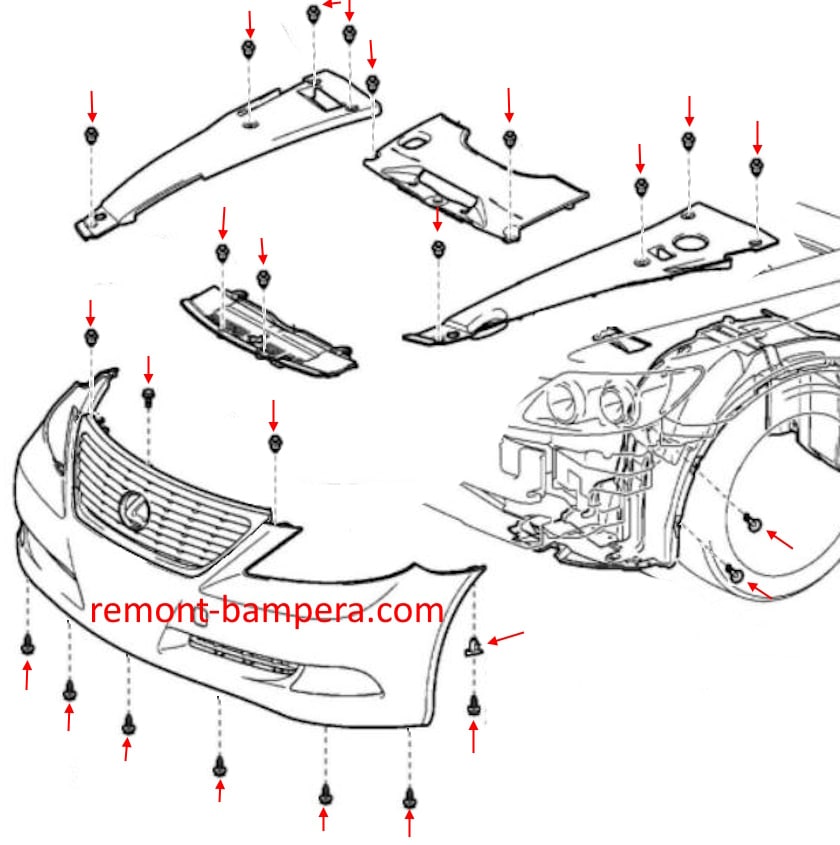 Schema di montaggio del paraurti anteriore per Lexus LS IV XF40 (2007-2017)