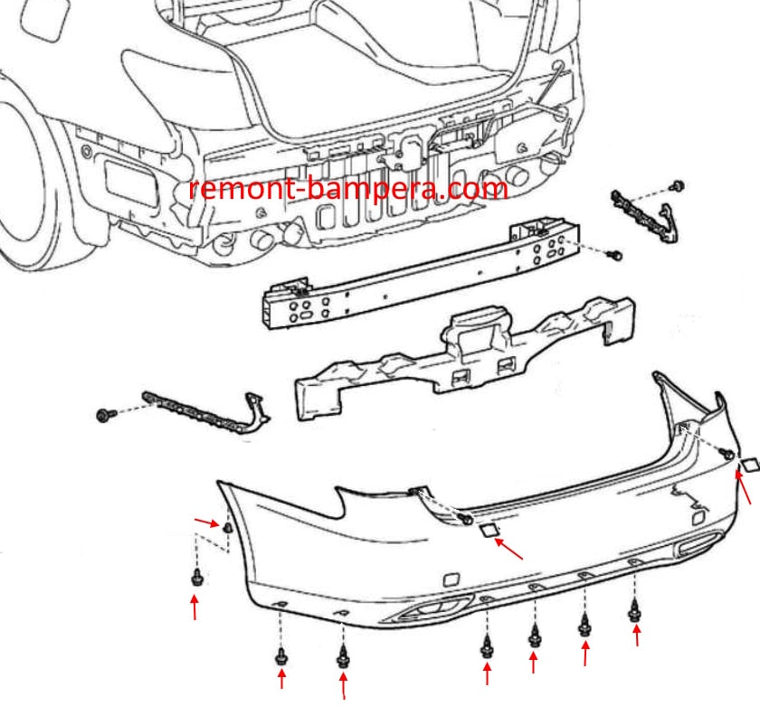 Schéma de montage du pare-chocs arrière pour Lexus LS IV XF40 (2007-2017)