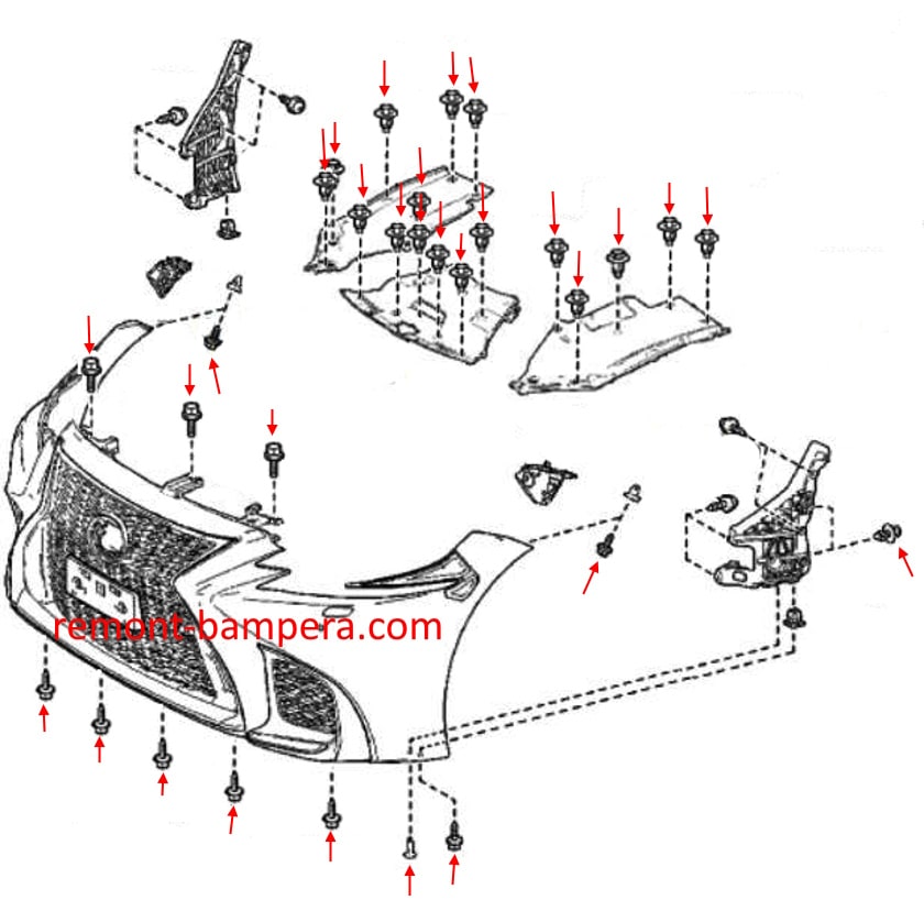 Esquema de montaje del parachoques delantero para Lexus LS 500 (2018-2024)