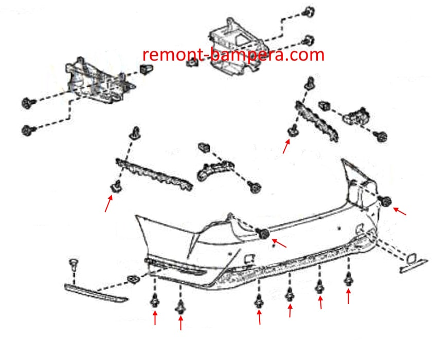 Schema di montaggio del paraurti posteriore per Lexus LS 500 (2018-2024)