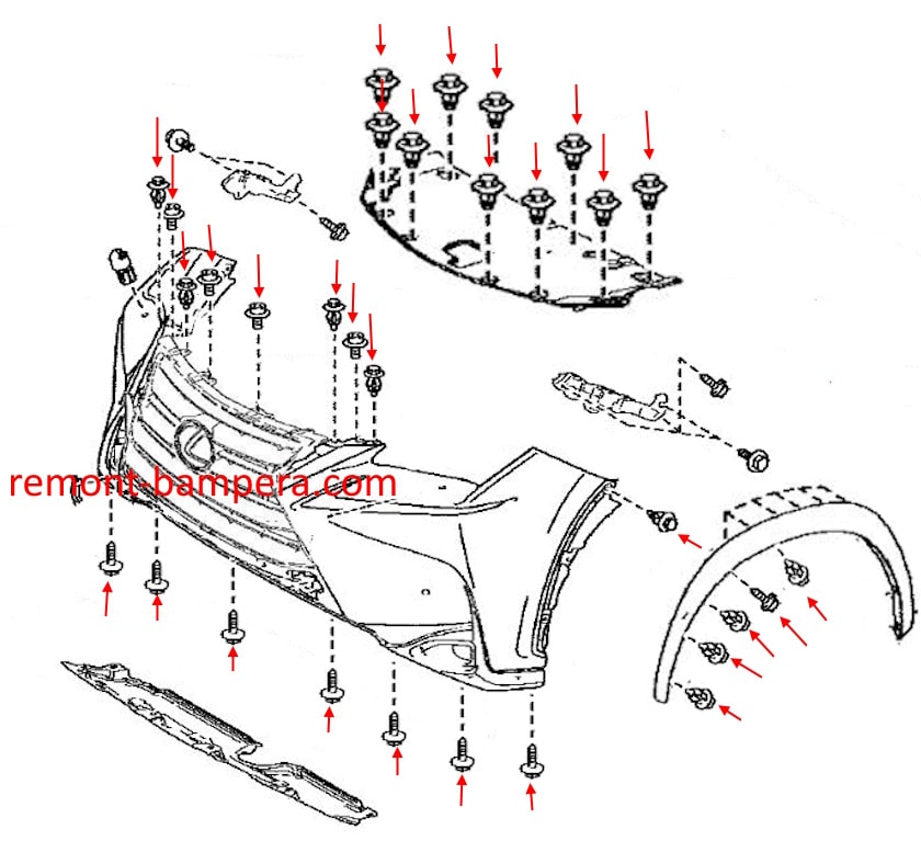 Schema di montaggio del paraurti anteriore per Lexus NX 200 (2015-2021)