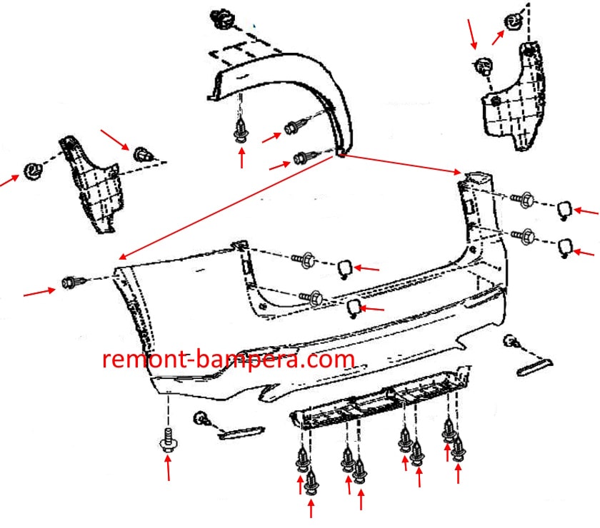 Esquema de montaje del parachoques trasero para Lexus NX 200 (2015-2021)