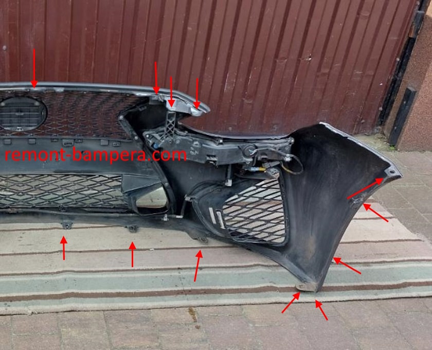 Lugares de montaje del parachoques delantero Lexus RC 350 (2015-2024)