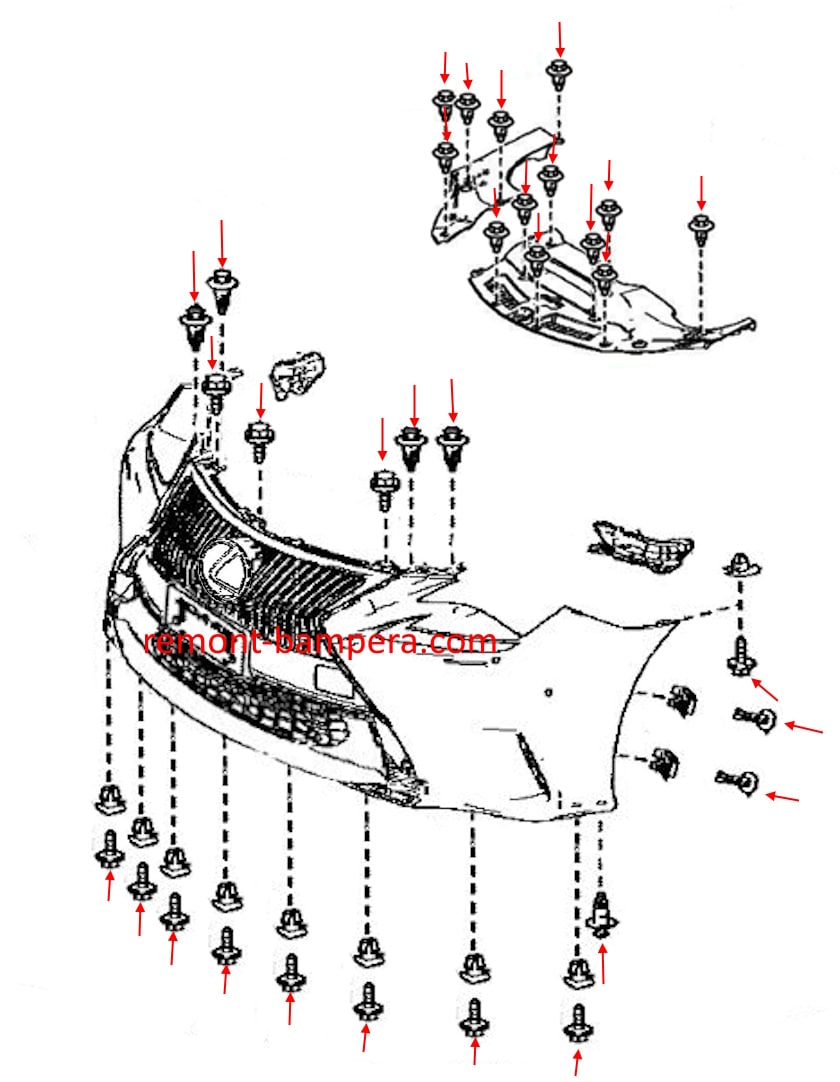 Schema di montaggio del paraurti anteriore per Lexus RC 350 (2015-2024)