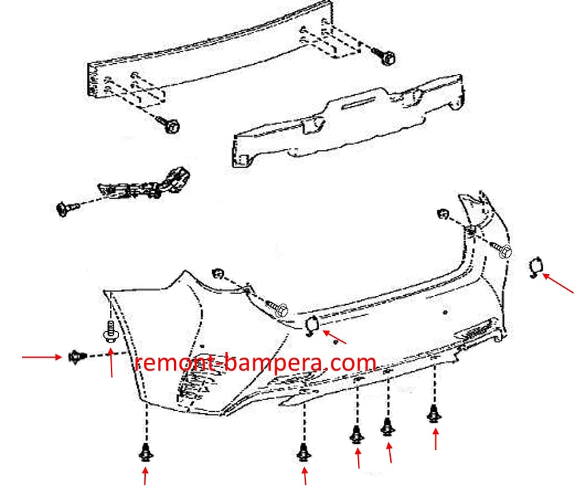 Esquema de montaje del parachoques trasero para Lexus RC 350 (2015-2024)