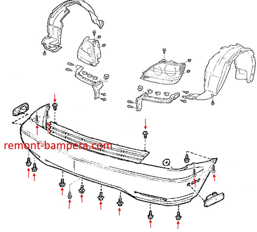 Front bumper mounting diagram for Lexus RX 300 (1999-2003)