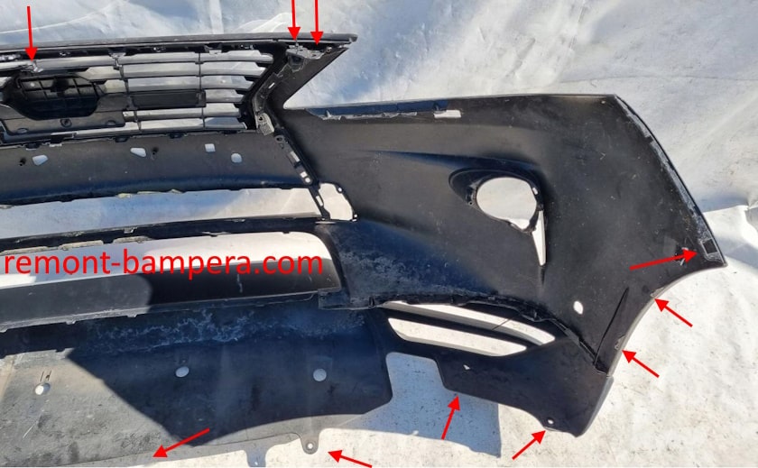 Lugares de montaje del parachoques delantero Lexus RX 350 (2010-2015)