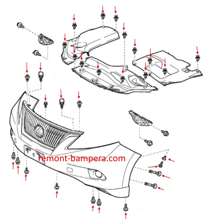 Schema di montaggio del paraurti anteriore per Lexus RX 350 (2010-2015)