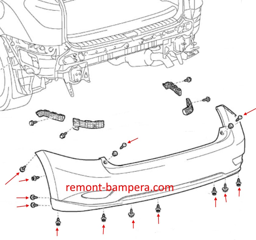 Схема крепления заднего бампера Lexus RX 350 (2010-2015) 