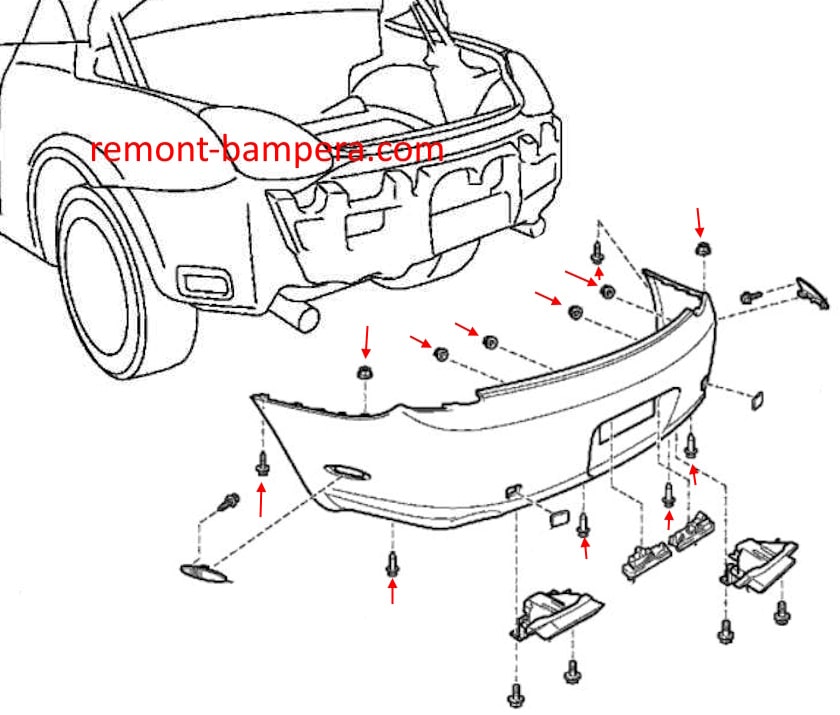 Esquema de montaje del parachoques trasero para Lexus SC 430 (2001-2010)