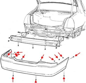 Rear bumper mounting diagram for Lincoln Town Car (1998-2011)