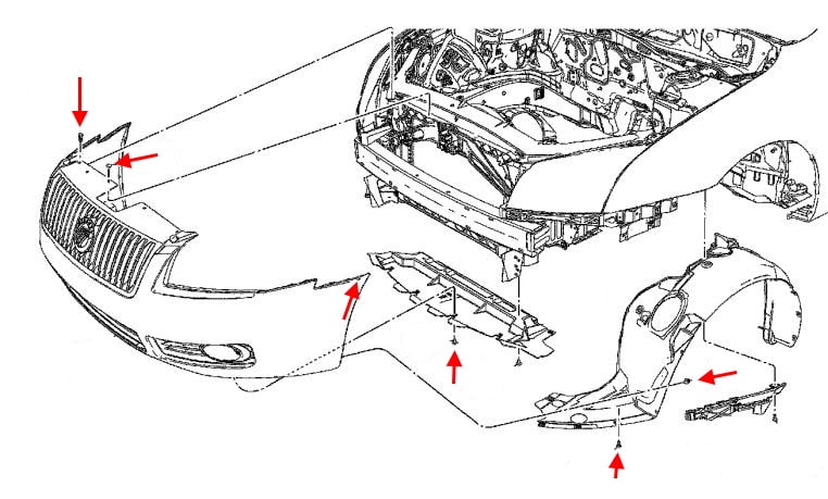 Schema di montaggio del paraurti anteriore Mercury Milan