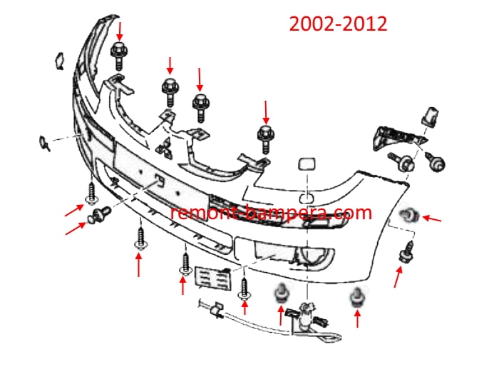 Schéma de montage du pare-chocs avant Mitsubishi Colt VI Z20 (2002-2012)