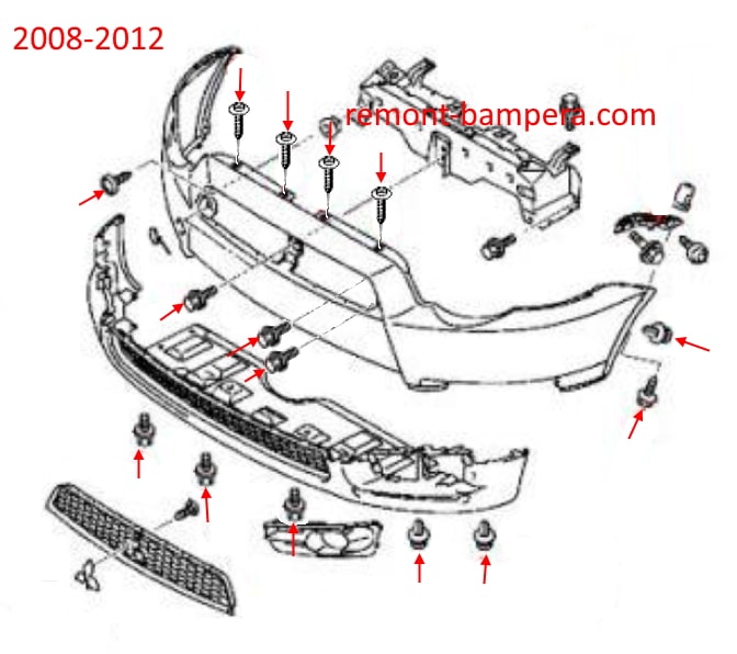 Schema di montaggio del paraurti anteriore Mitsubishi Colt VI Z30 (2008-2012)