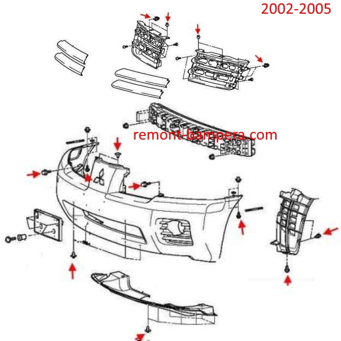 Schema di montaggio del paraurti anteriore Mitsubishi Endeavor (2002-2005)