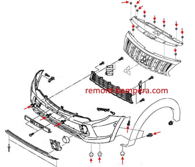 Schema di montaggio del paraurti anteriore Mitsubishi L200/Triton V (2015-2023)