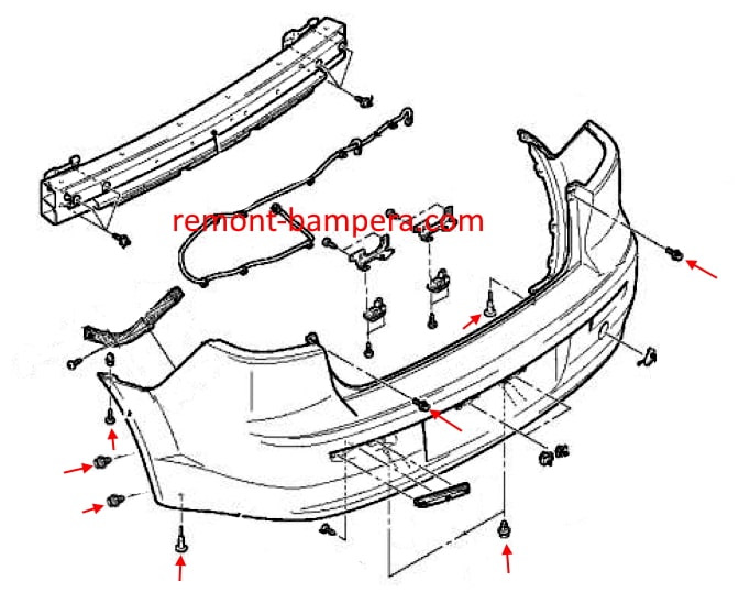 Befestigungsschema für die hintere Stoßstange des Mitsubishi Lancer (2007–2017)