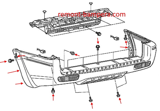 Montageschema für die hintere Stoßstange des Mitsubishi Pajero/Montero III (1999–2006).