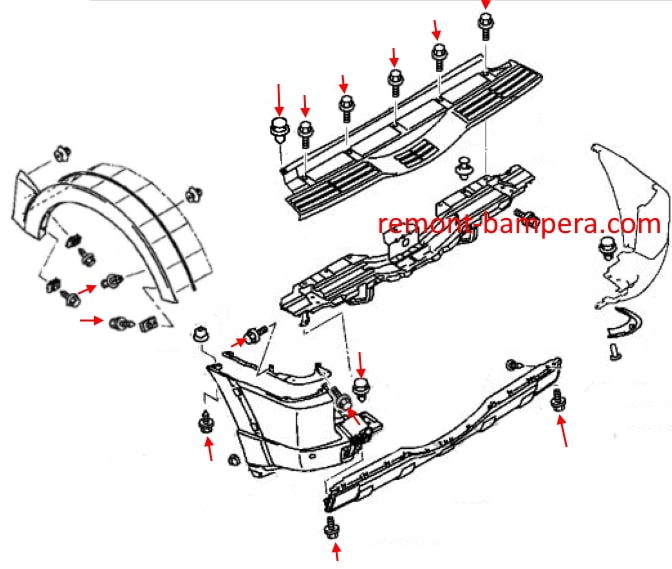 Schema di montaggio del paraurti posteriore Mitsubishi Pajero/ Montero IV (2006-2023).