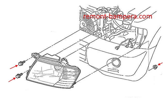 Schema di montaggio del faro Mitsubishi Pajero Pinin / Montero iO (1998-2007)