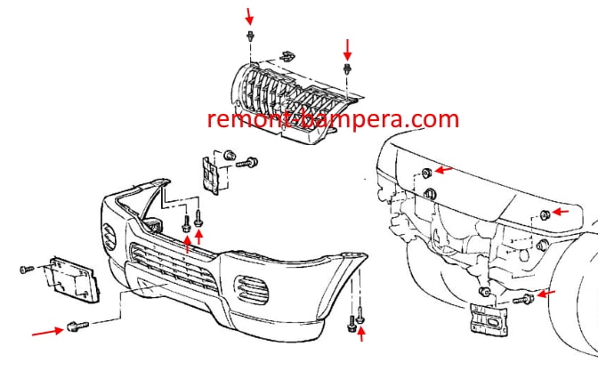 Schéma de montage du pare-chocs avant Mitsubishi Pajero / Montero Sport I (1998-2009)