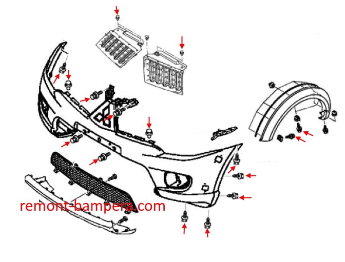 Montageschema für die vordere Stoßstange des Mitsubishi Pajero / Montero Sport II (2008-2016)
