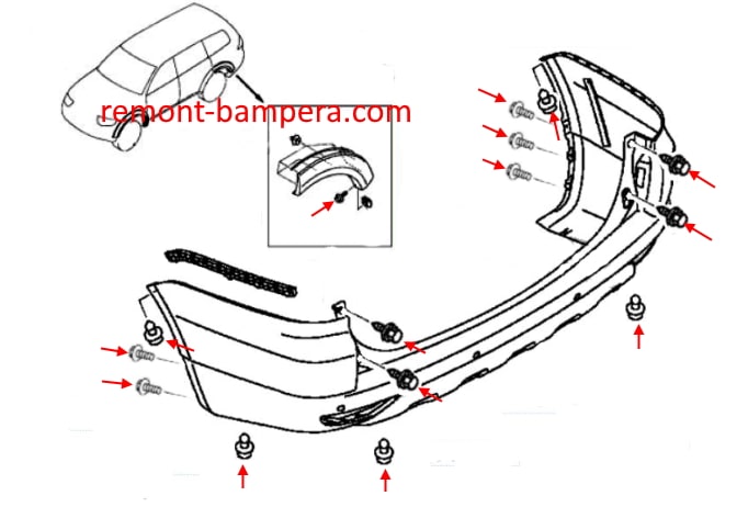 Befestigungsschema für die hintere Stoßstange Mitsubishi Pajero / Montero Sport II (2008-2016)