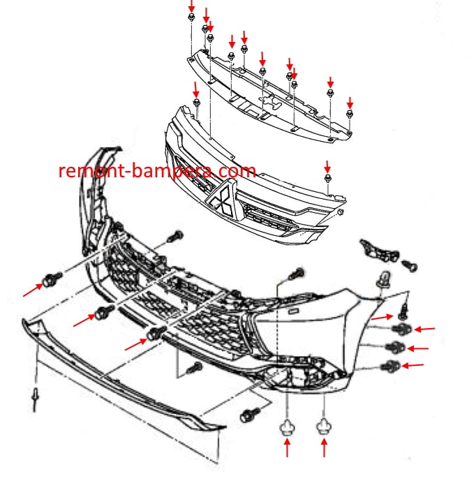 Schema di montaggio del paraurti anteriore Mitsubishi Pajero / Montero Sport III (2015-2023).