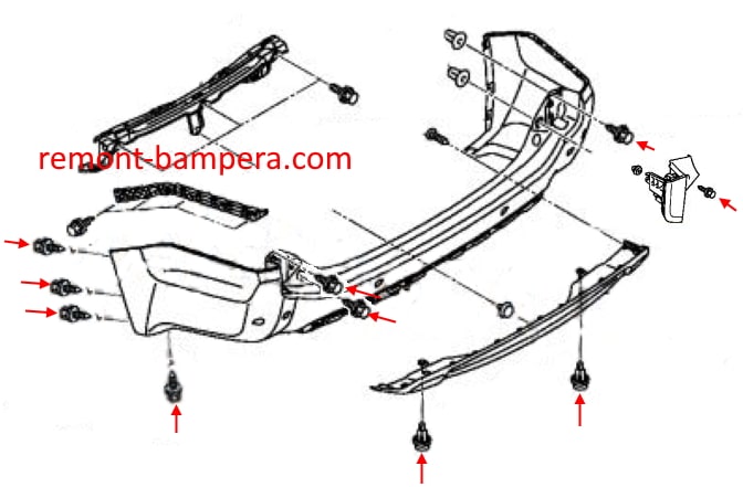 Befestigungsschema für die hintere Stoßstange Mitsubishi Pajero / Montero Sport III (2015-2023)
