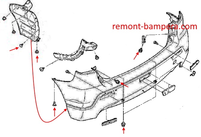 Schéma de montage du pare-chocs arrière Mitsubishi RVR III (2010-2023)