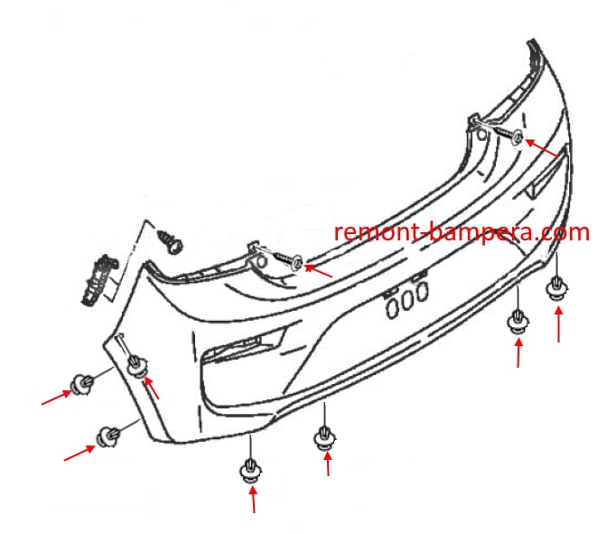 Schema di montaggio del paraurti posteriore Mitsubishi Space Star II (2012-2023)