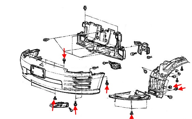 Diagrama de montaje del parachoques delantero Mitsubishi Eclipse III (1999-2005)