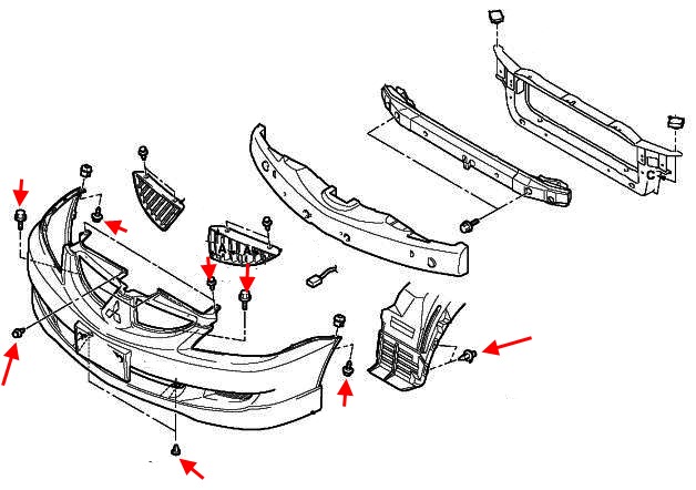 Diagrama de montaje del parachoques delantero Mitsubishi Lancer (1995-2007)