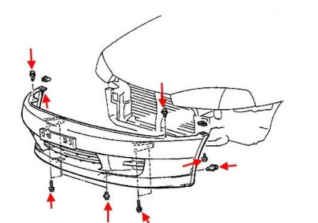 Schéma de montage du pare-chocs avant Mitsubishi Mirage V (1995–2003)