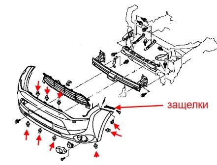 Diagrama de montaje del parachoques delantero Mitsubishi Outlander III (2012–2023)