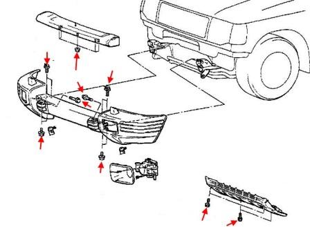 Schema di montaggio del paraurti anteriore Mitsubishi Pajero/ Montero II (1991–2004).